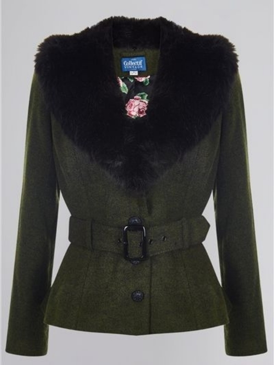 Collectif Jackets & Blazers - Collectif Molly Vintage Jacket W/ Fur Collar, In Olive Green, NWT